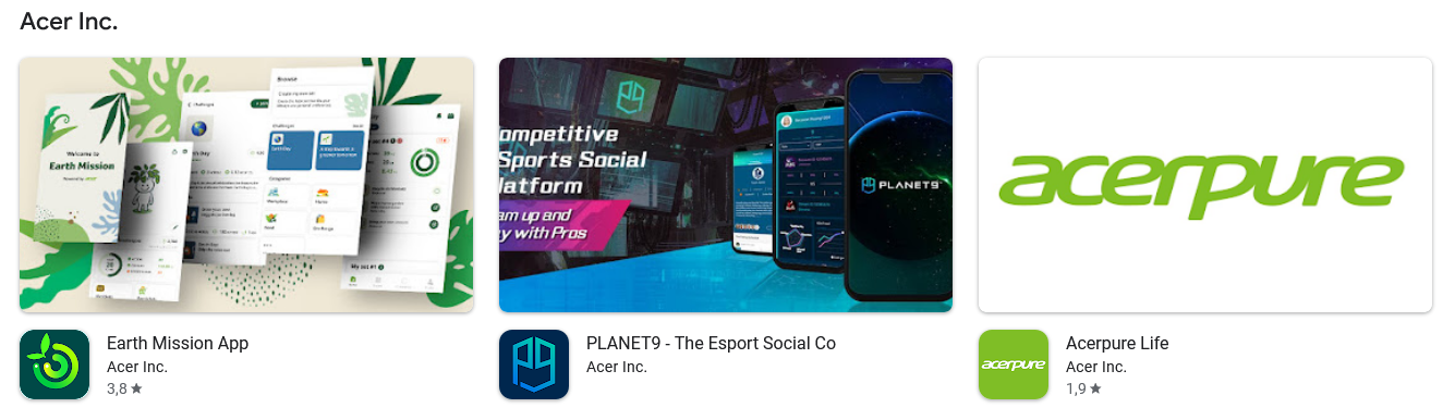 Cuenta de desarrollador Acer Inc. en la tienda Android